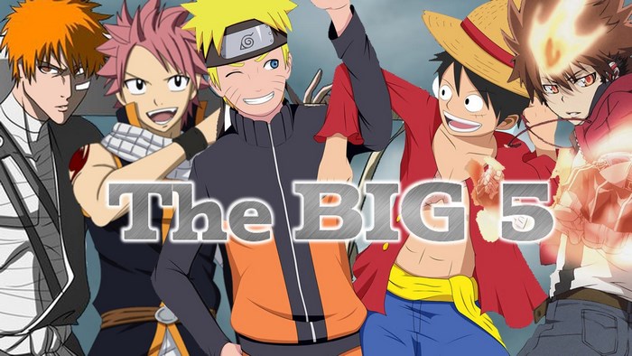 Anime characters Ichigo, Natsu, Naruto, Luffy, and Tsuna