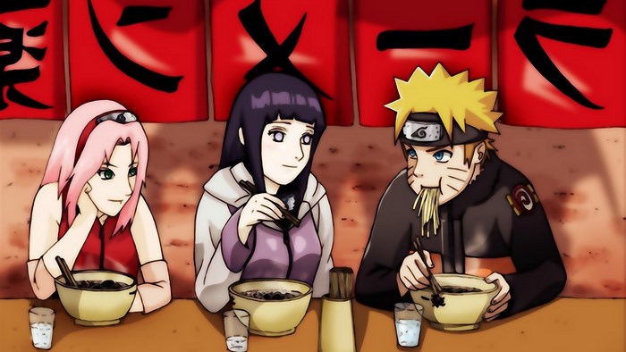 Naruto, Sakura, and Hinata eating ramen