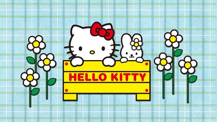 Hello Kitty and Mimmy on a yellow sign