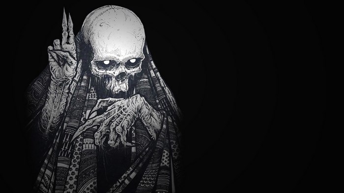 Skull in ornate robe with raised hand