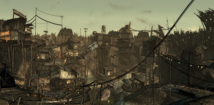 Fallout settlement with makeshift structures and power lines