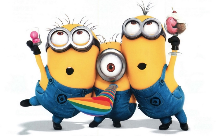 Three Minions celebrating with party hat and ice cream