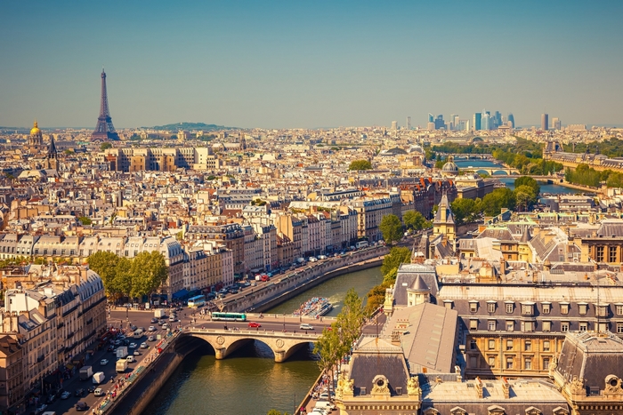 Paris cityscape with Eiffel Tower and Seine River