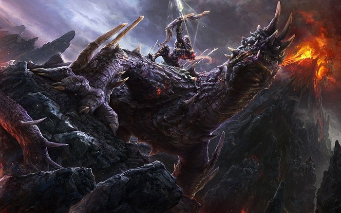 Dragon Rider with Bow and Arrow near Volcano