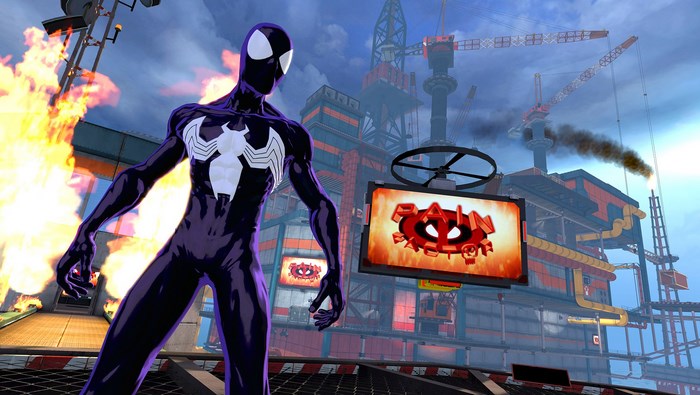 Spider-Man in Black Suit on an Industrial Platform