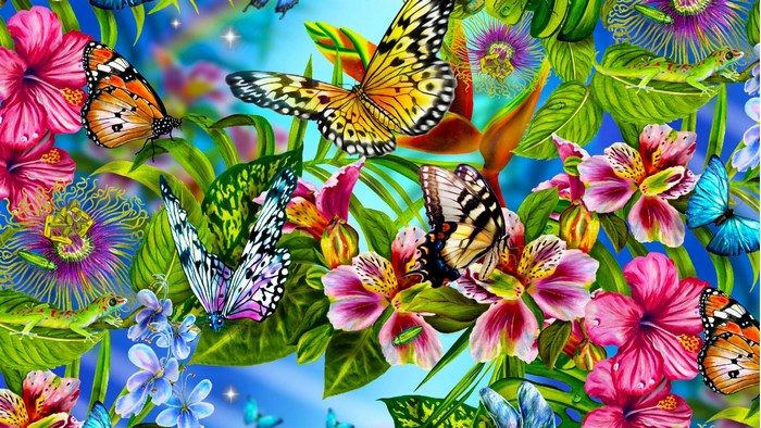 Butterflies and tropical flowers with lizards