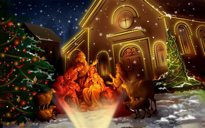 Nativity scene with Christmas tree and church