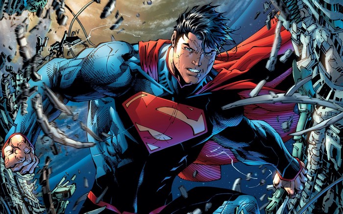 Superman breaking through debris