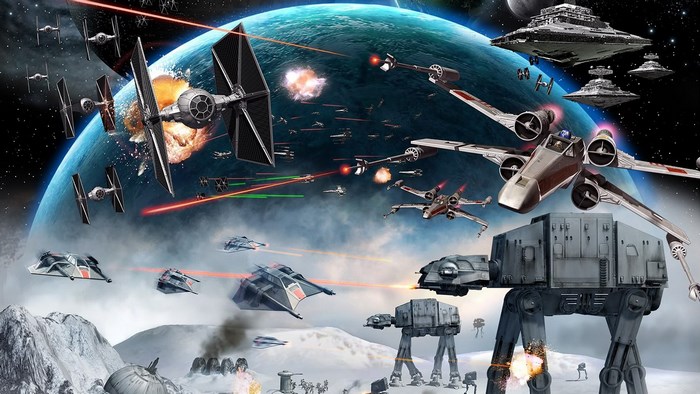 Star Wars space battle with AT-ATs on a planet