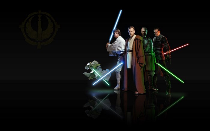 Star Wars characters with lightsabers and Rebel Alliance symbol