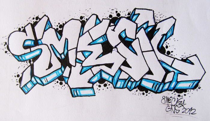 Graffiti art with blue and white letters