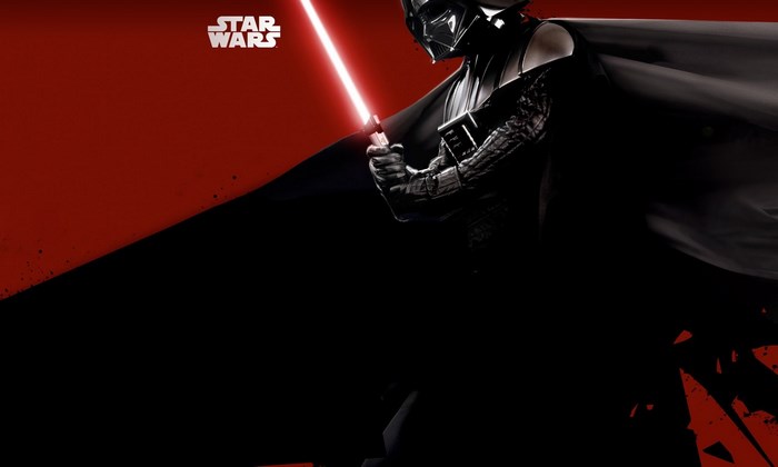 Darth Vader from Star Wars with a red lightsaber