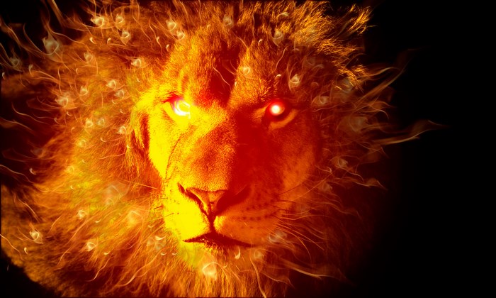 Lion with fiery mane and glowing red eyes
