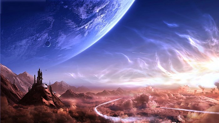 Alien planet with futuristic city and large planet in sky