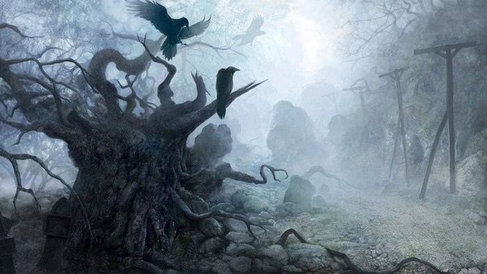 Dark fantasy forest with ravens and gallows