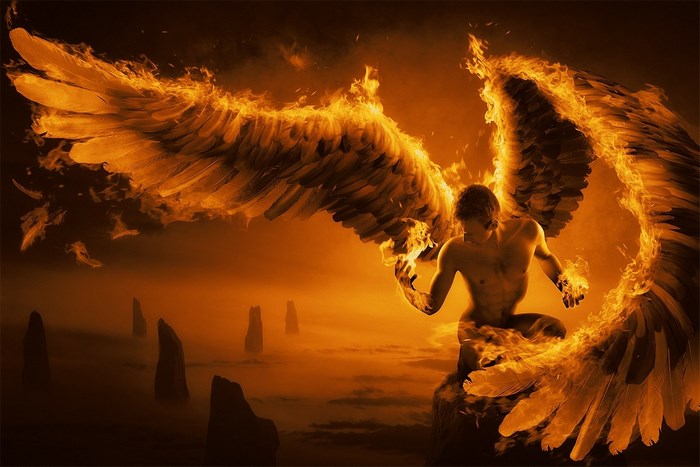 Angel with fiery wings in a mystical landscape
