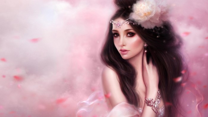 Fantasy woman with flower in hair and pink petals
