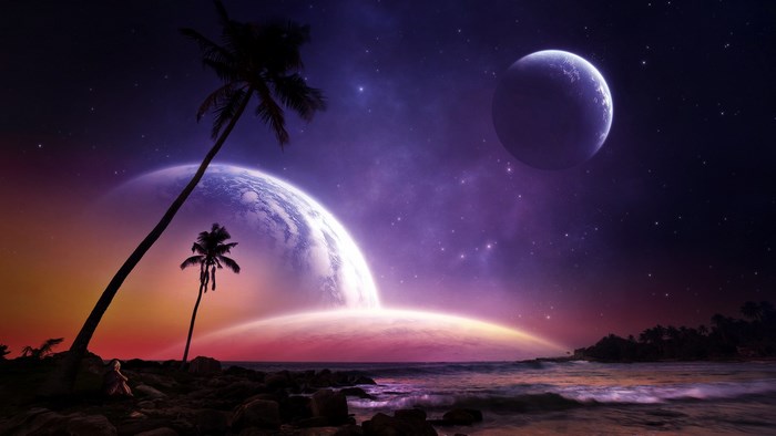 Fantasy alien beach with two moons and palm trees