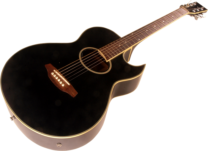 Black acoustic guitar on a white background