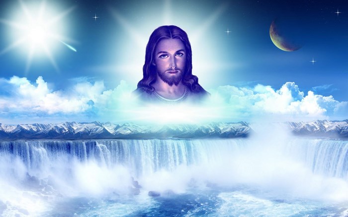 Divine Portrait of Jesus Over Waterfall and Mountains