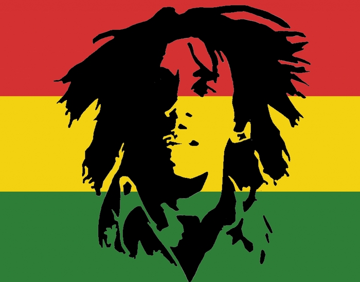Bob Marley portrait on Rasta flag