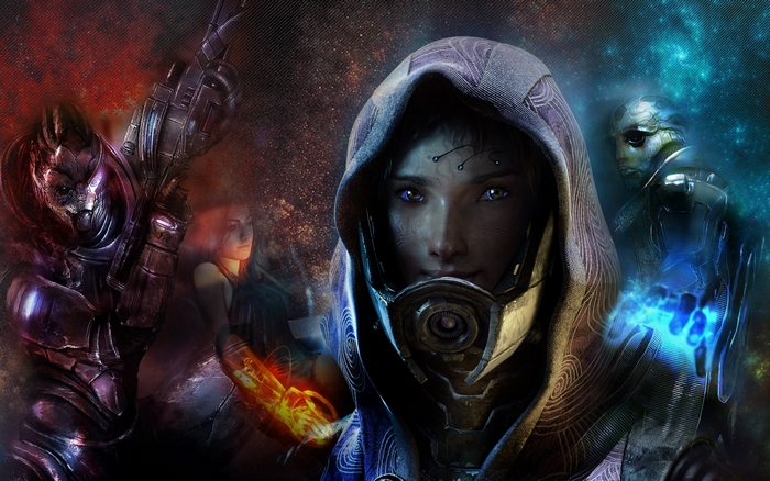 Mass Effect characters with glowing hands and weapons