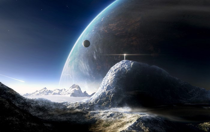 Alien planet landscape with large planet and moon