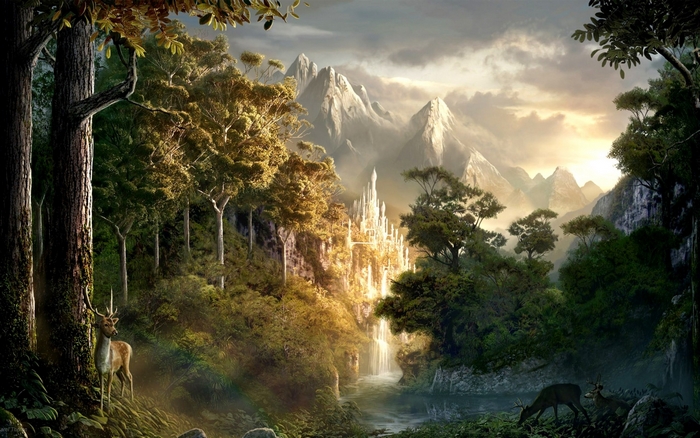 Fantasy landscape with castle and mountains