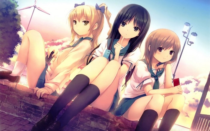 Three anime girls in school uniforms sitting on a wall