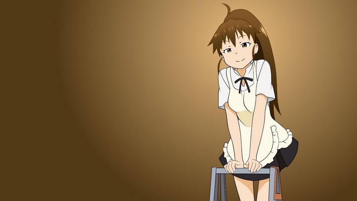 Anime girl in apron leaning on a stool