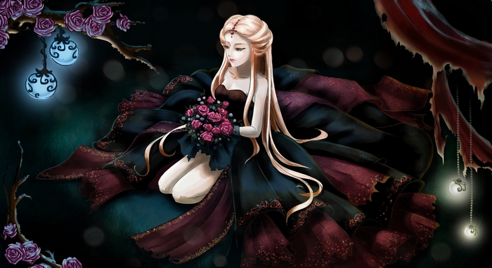Anime girl in dark dress holding roses