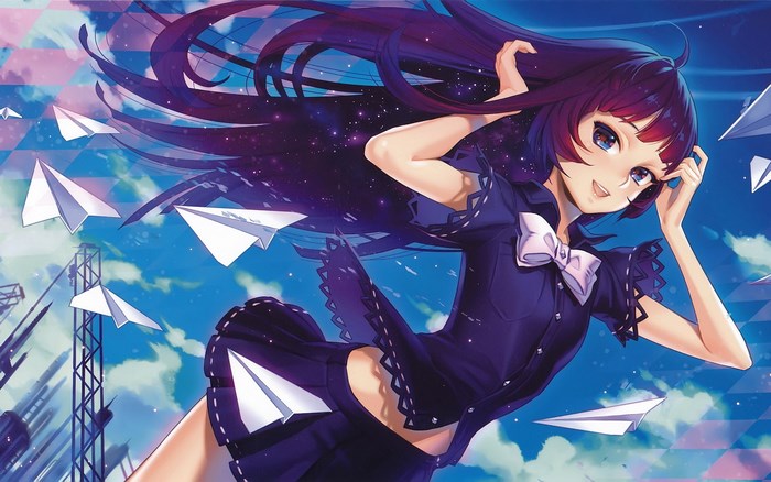 Anime girl with paper airplanes in the sky