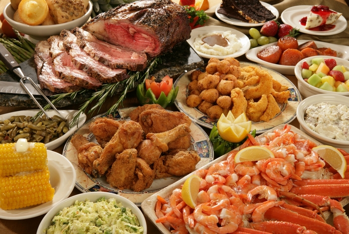 Feast of Prime Rib, Fried Chicken, Shrimp, and Sides