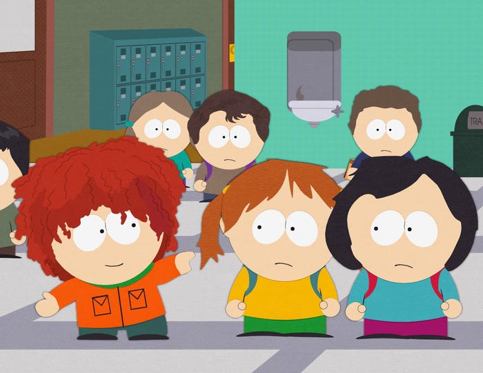 South Park characters in a school hallway