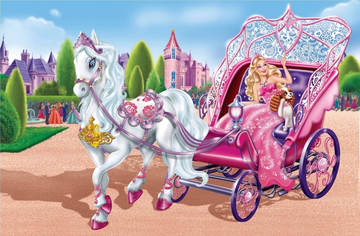 Barbie in a carriage with a horse and dog