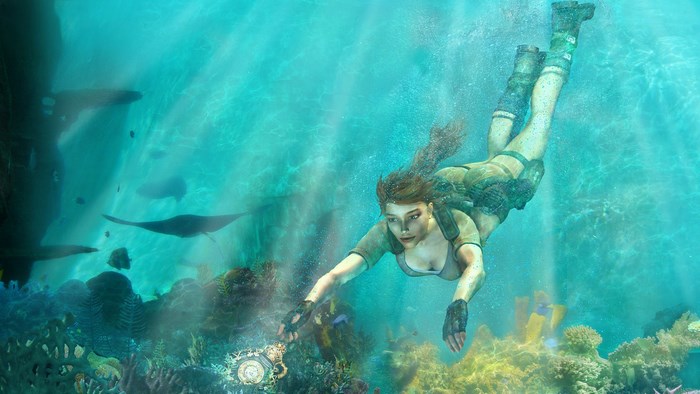 Lara Croft diving in underwater coral reef