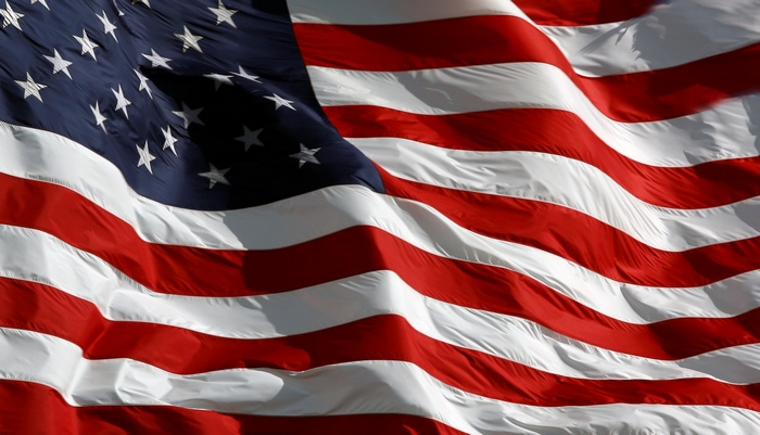 Close-up of the American flag waving