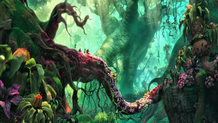 A group of small figures on a giant, colorful vine in a fantastical jungle