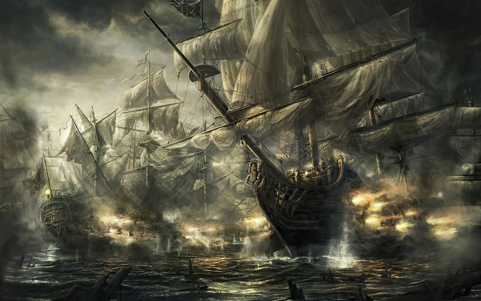 Naval battle between sailing ships