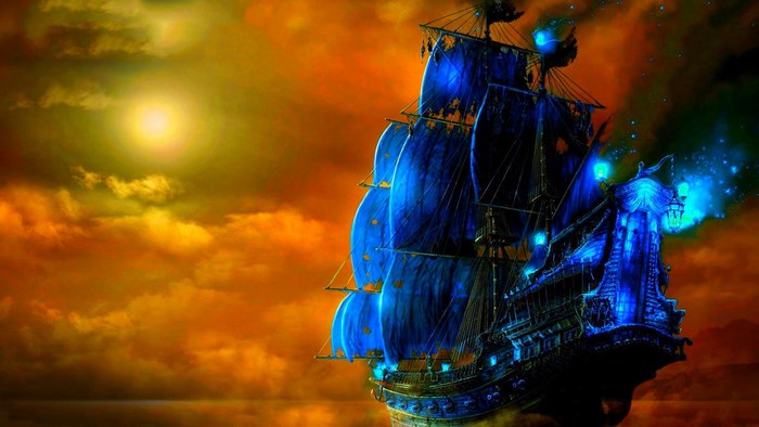 Ghost pirate ship with blue sails in orange sky