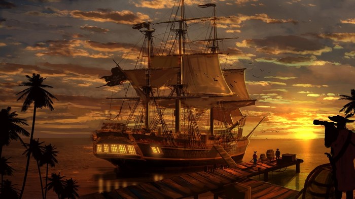Pirate ship at sunset near a tropical island