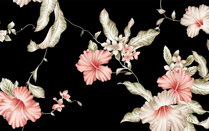 Vintage floral pattern with hibiscus and tropical leaves