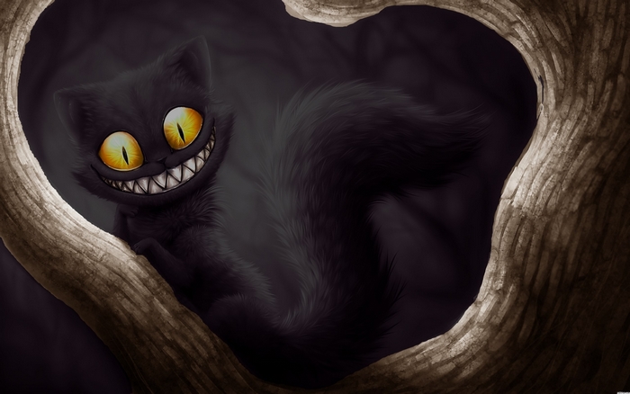 Cheshire Cat with wide grin in a tree