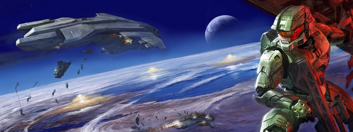 Master Chief and UNSC ships in orbit above a planet
