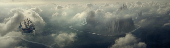 Fantasy airship flying over clouds and mountains
