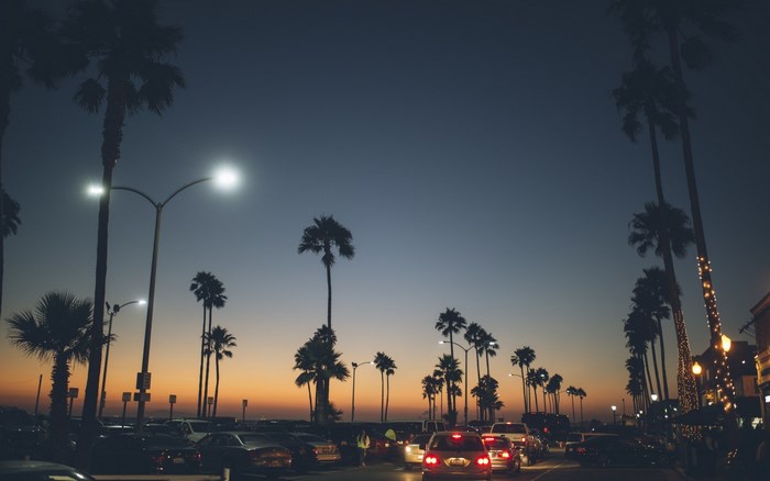 Palm trees and traffic at sunset in California