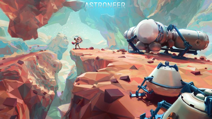 Astroneer game art with astronaut and spacecraft