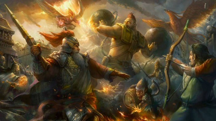 Fantasy battle with warriors, mythical creatures, and a siege