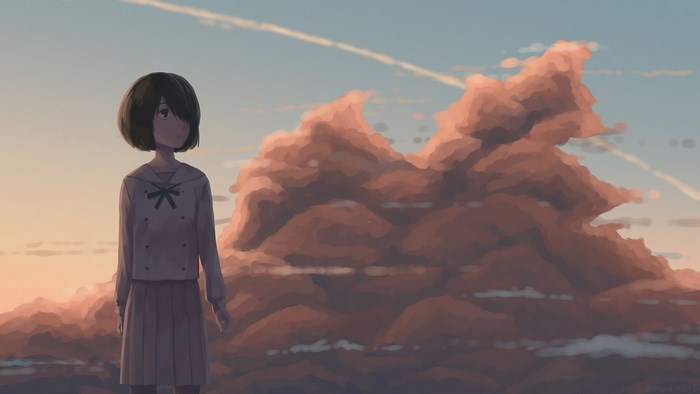 Girl in school uniform looking at clouds