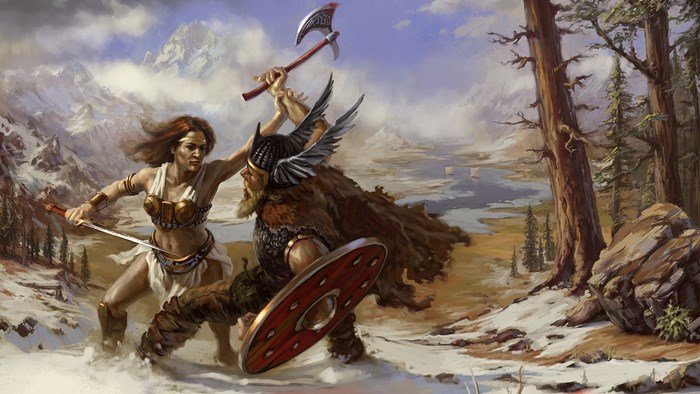 Valkyrie and Viking warrior battle in snowy landscape